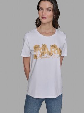 NWT White Graphic Tee with Gold Floral 'Paris' Print